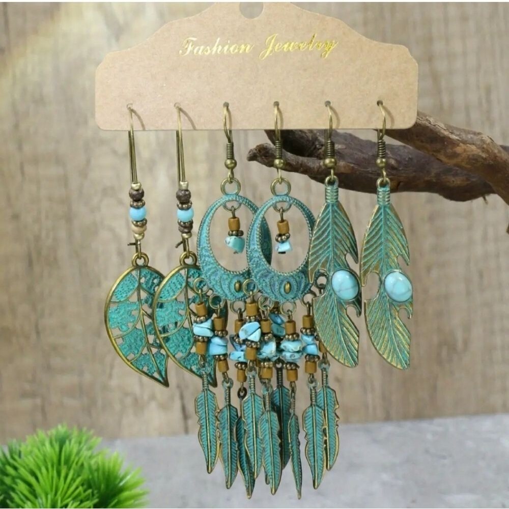 Turquoise dream catcher earrings boho leaf earrings